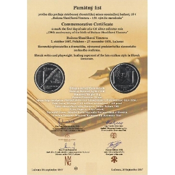 Pamětní list 10 euro 2017 Timrava
