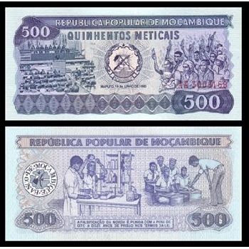 bankovka 500 mosambických meticalů 1980